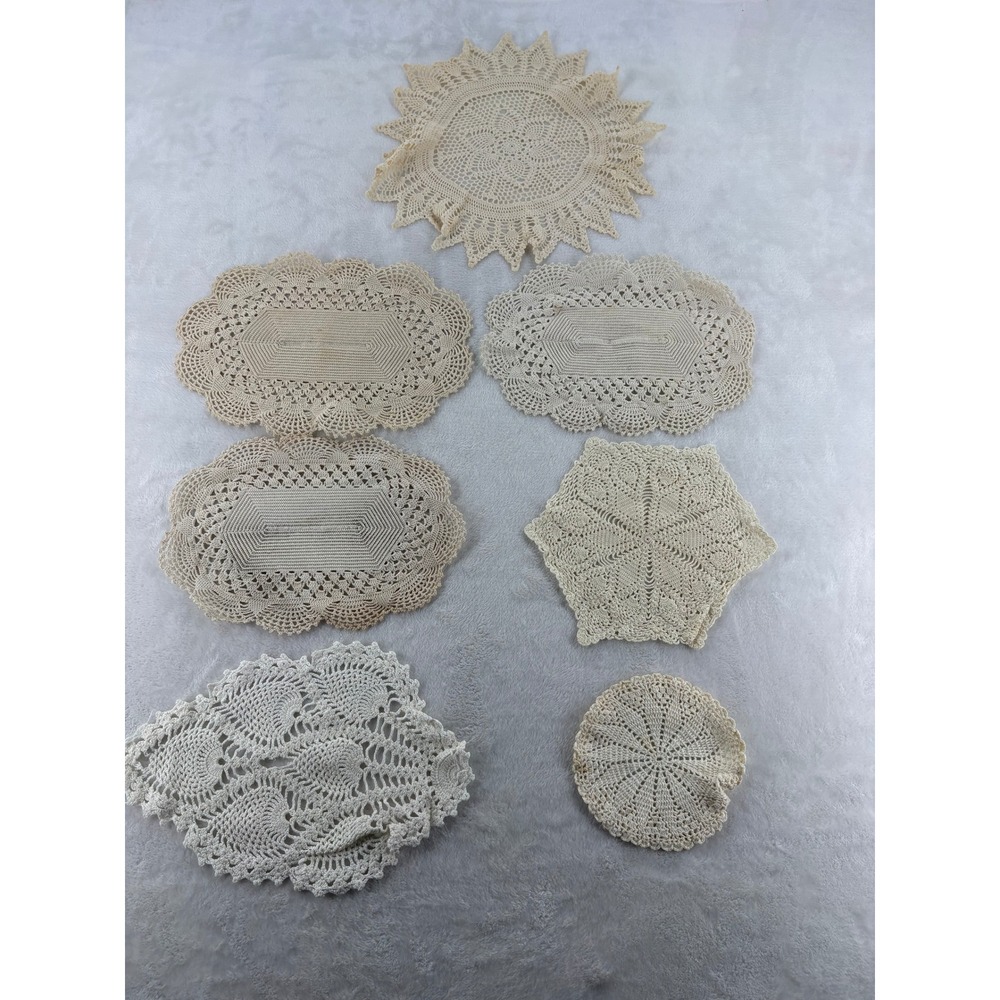 Vintage Handmade Crochet Doily Lot 7pc Cream White Cotton Lace Table Decor